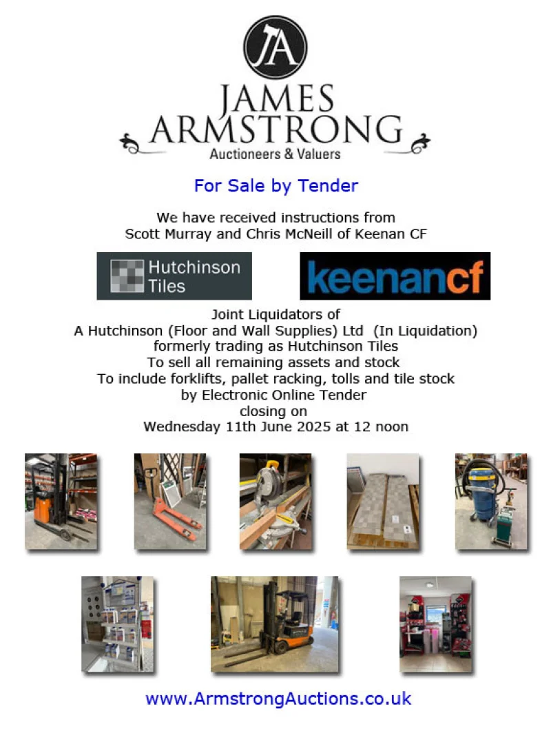James Armstrong Auctioneers - Hutchinson Tiles Auction to inc: Forklifts, Pallet Racking, Tile Stock, Tools, Adhesives, and Tiling Equipment - Auction Image 1